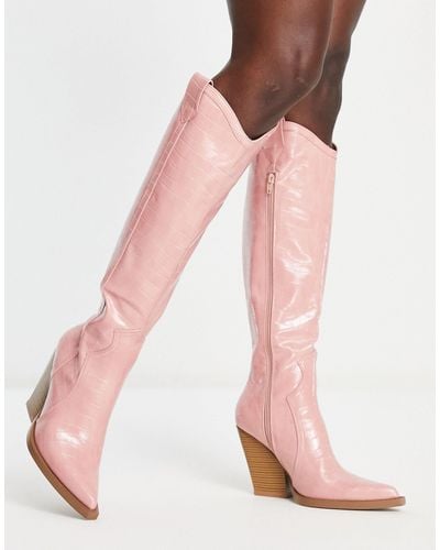 ASOS Catapult - stivali al ginocchio con tacco stile western effetto coccodrillo - Rosa