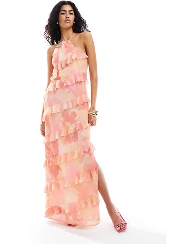 Pretty Lavish Katy Ruffle Maxi Dress With Split - Pink