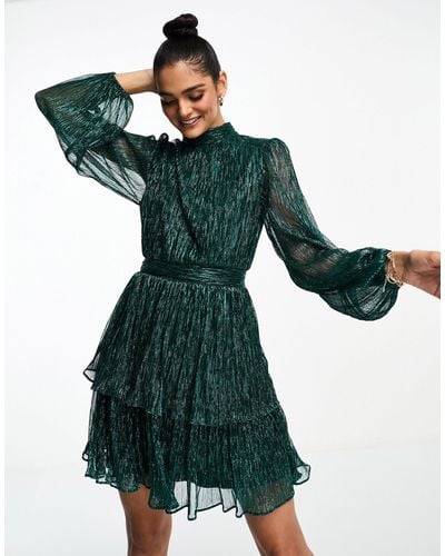 EVER NEW Tiered Metallic Plisse Mini Dress - Green