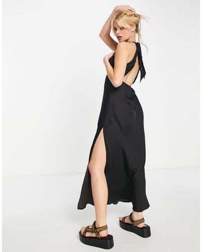 Free People Lange Satijnen Cami-jurk Met Split - Zwart