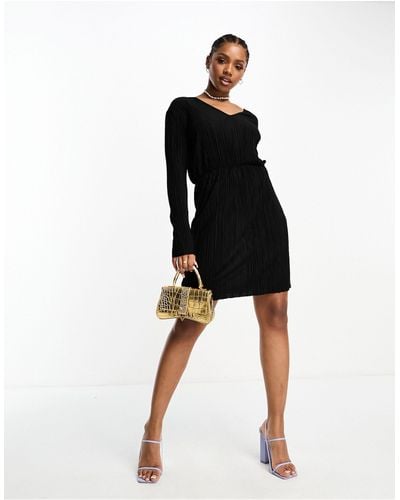 Vero Moda Plisse Long Sleeve Mini Dress - Black