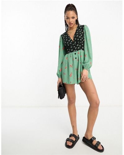 ASOS Crepe Plunge Neck Romper With Puff Sleeve - Green