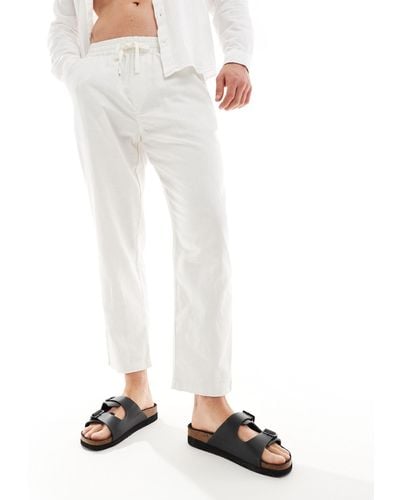 Pull&Bear Linen Mix Wide Leg Trousers - White