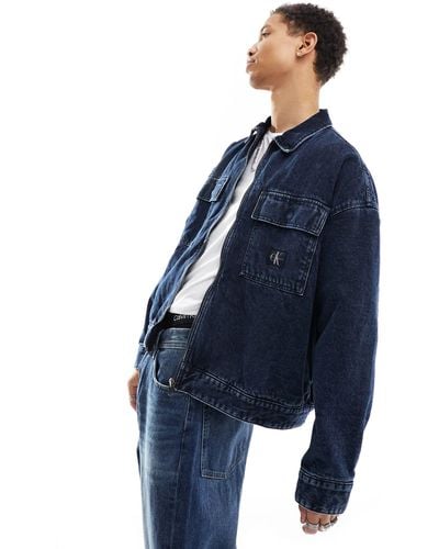 Calvin Klein Camicia giacca squadrata lavaggio scuro imbottita con zip - Blu