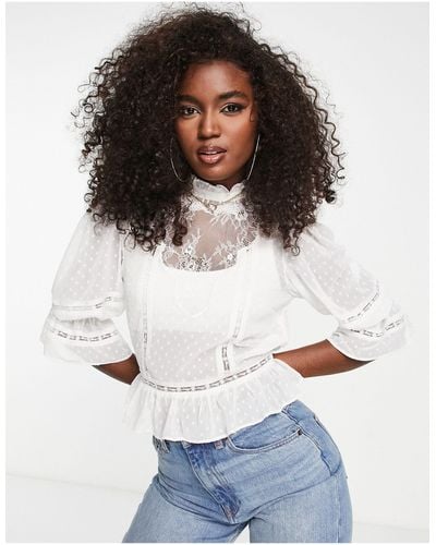 Miss Selfridge Sheer Lace Insert Victoriana Blouse - White