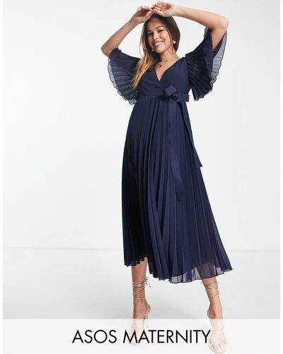 ASOS Asos Design Maternity - Exclusives - Geplooide Midi-jurk Met Kimonomouw En Gestrikte Taille - Blauw