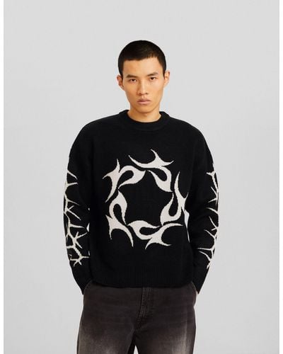 Bershka Graphic Knitted Sweater - Black