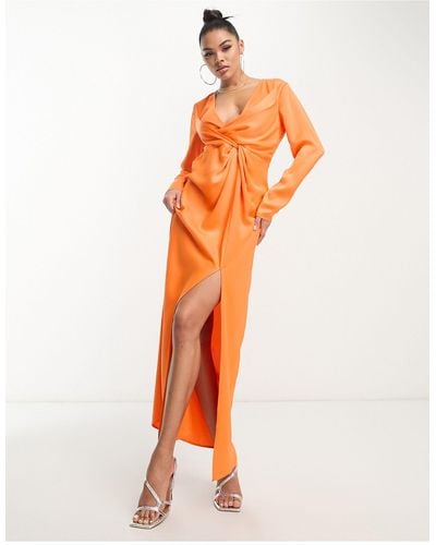 Something New X Klara Hellqvist Satin Twist Front Plunge Maxi Dress - Orange