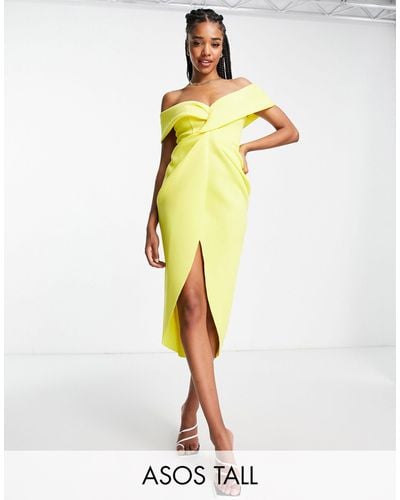 ASOS Asos Design Tall Off Shoulder Twist Front Wrap Midi Pencil Dress - Yellow