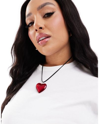 ASOS Asos Design Curve Mid Length Cord Necklace With Puff Heart - Black
