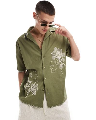 Reclaimed (vintage) Limited Edition Embroidered Revere Relaxed Shirt - Green