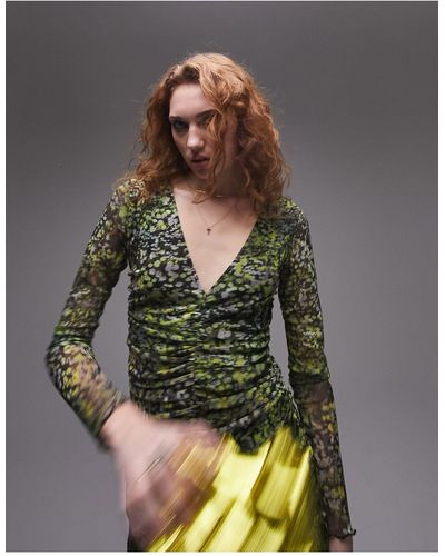 TOPSHOP Ruched Body Long Sleeve Printed Midi Dress - Green