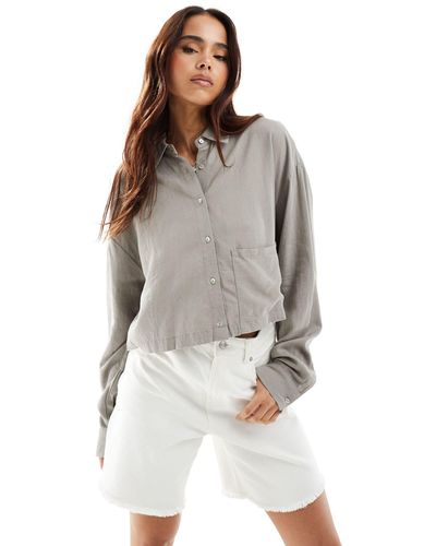 Pull&Bear Cropped Linen Shirt - Grey
