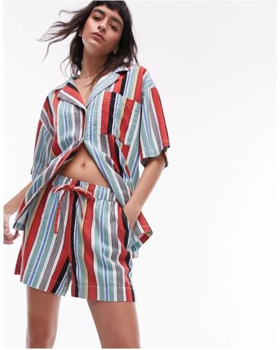 TOPSHOP Striped Linen Shorts - Red