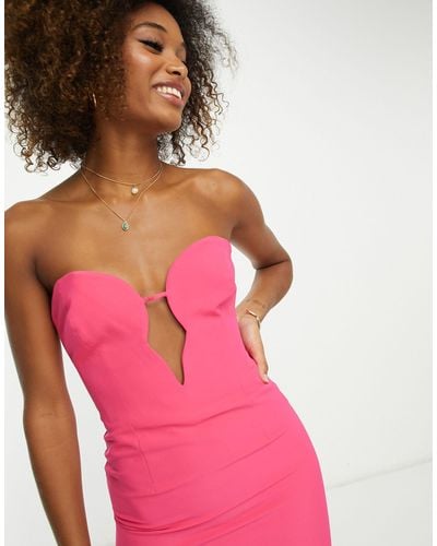 Bardot Shaped Plunge Midaxi Dress With Split - Pink