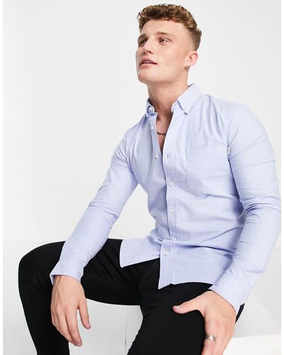 TOPMAN Long Sleeve Stretch Skinny Oxford Shirt - Blue