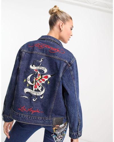 Ed Hardy Giacca di jeans aderente con stampa "love is a mystery" - Blu