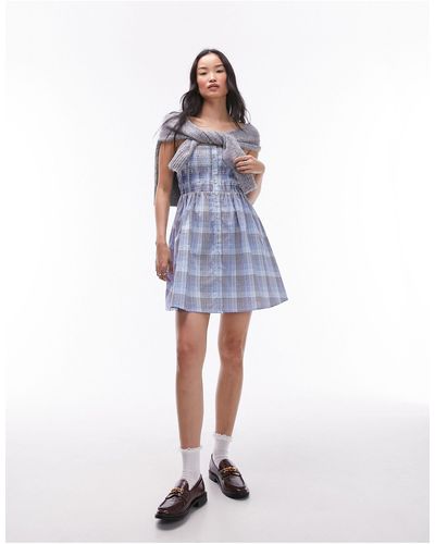 TOPSHOP Seersucker Check Shirred Mini Dress - Blue