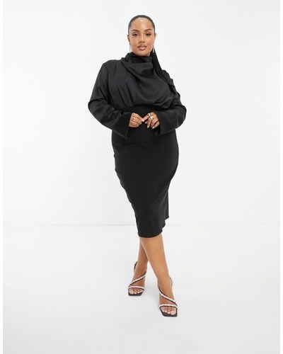 ASOS Curve High Neck Satin Midi Dress With Structured Skirt - Black