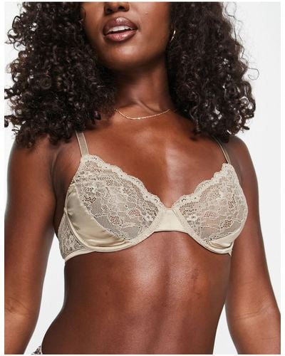 Monki Satin Bra With Lace Inserts - Brown