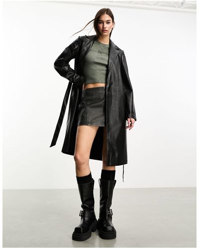 Noisy May Faux Leather Belted Coat - Black