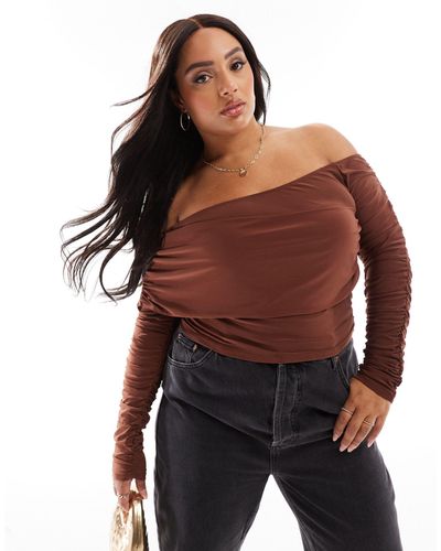 ASOS Asos Design Curve Slinky Asymmetric Neck Ruched Sleeve Top - Red