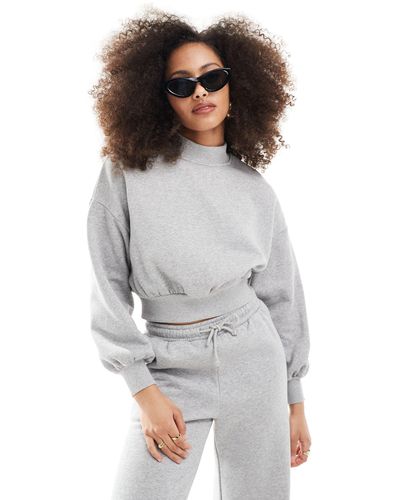 Pimkie Volume Sleeve High Neck Cropped Sweatshirt Co-ord - Grey