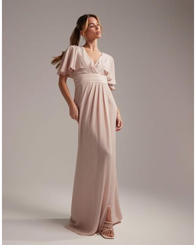 ASOS Bridesmaid Flutter Sleeve Maxi Dress With Satin Trim Detail And Wrap Skirt - Pink