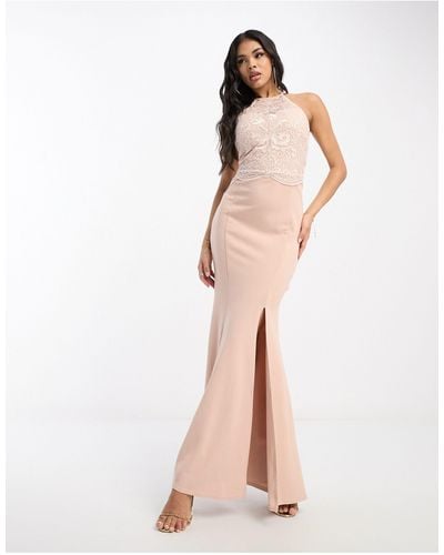 Lipsy Halter Neck Maxi Dress With Lace Detail - Natural