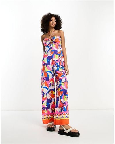 River Island Abstract Print Bandeau Jumpsuit - White