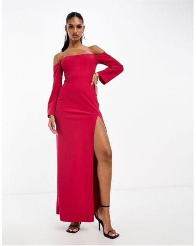 ASOS Bardot Long Sleeve Maxi Dress With Corset Detail - Red