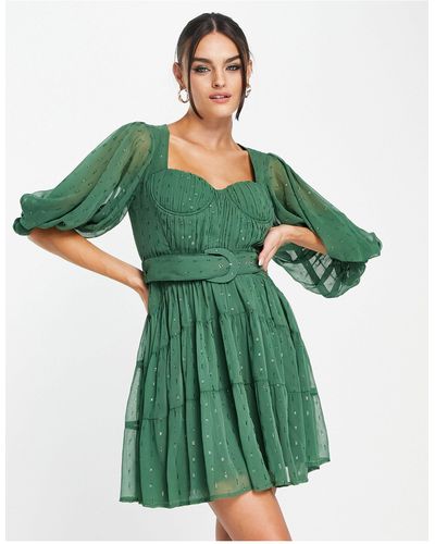 ASOS Corset Detail Belted Mini Dress With Blouson Sleeve With Belt - Green