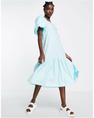 Y.A.S Exclusive Cotton Poplin Midi Dress With Ruched Bust Detail - Blue