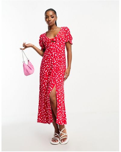 New Look Midi-jurk Met Gedraaide Voorkant, V-hals En Print - Rood