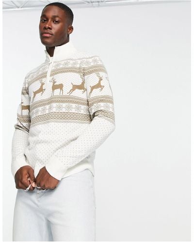 Threadbare Fairisle 1/4 Zip Christmas Sweater - White