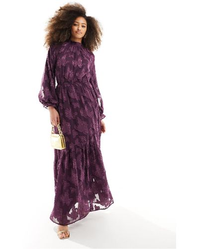 ASOS High Neck Big Sleeve Jacquard Maxi Dress - Purple