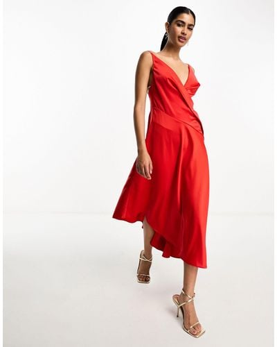 ASOS Satin Cami Drape Midi Dress With Graduated Hem - Red