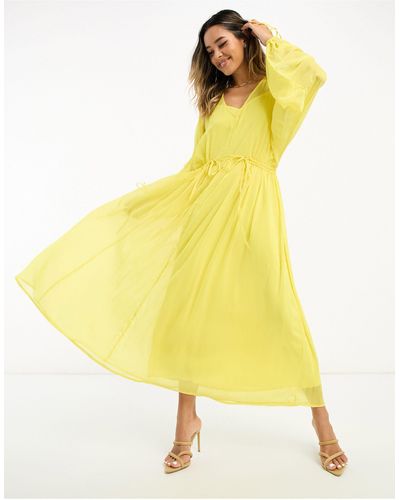 Never Fully Dressed Balloon Sleeve Tie Maxi Dress - Yellow
