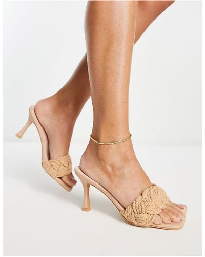 Glamorous Plaited Mid Heel Mule Sandals - Natural