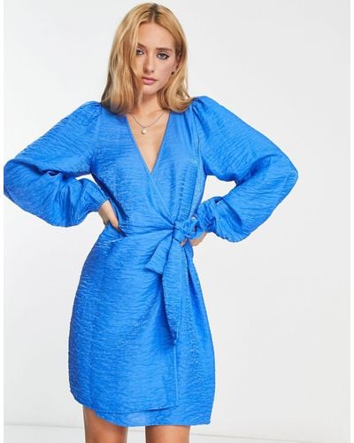 Envii Wrap Front Balloon Sleeve Mini Dress - Blue