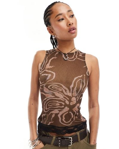 Collusion Printed Singlet With Lace Trim - Brown