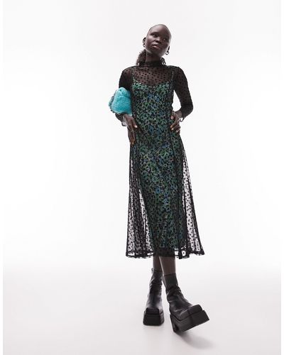 Topshop Unique Midi-jurk Van Geflockt Mesh Met Bloemenprint En Slipdress-voering Met Contrasterende Bloemenprint - Meerkleurig