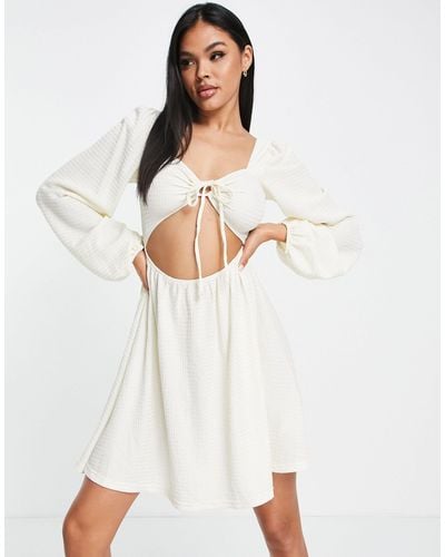 Missguided Crinkle Smock Dress With Puff Sleeve - White