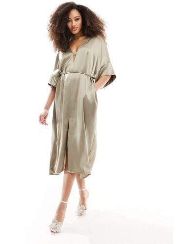 & Other Stories Relaxed Belted Satin Midi Dress With Front Split - Natural