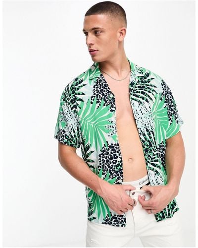 Jack & Jones Originals - camicia oversize con rever e stampa di palme multicolore - Bianco