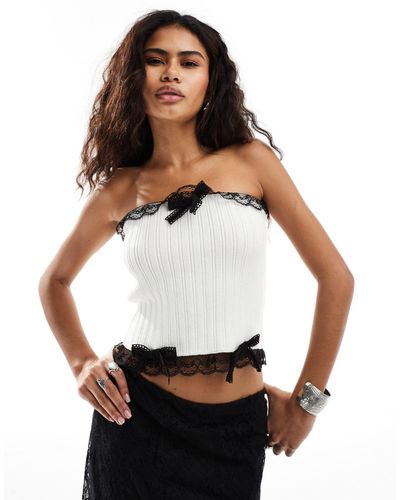 Collusion Lace Trim Knitted Bandeau Top - White