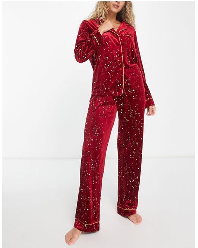 NIGHT Long Velvet Pyjama Set With Contrast Piping - Red
