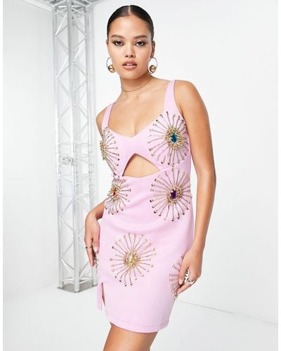 Starry Eyed Premium Embellished Cut Out Waist Mini Dress - Pink