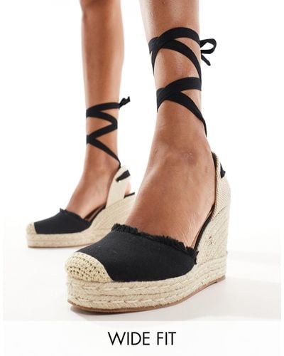 Truffle Collection Wide Fit Jute Wedge Strappy Espadrille - Black