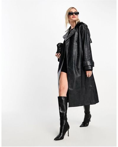 ASOS Washed Faux Leather Trench Coat - Black